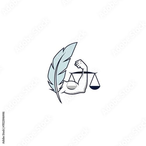 Hand Holding Quill Pen and Scales of Justice Logo for Legal or Academic Services, isolated white background