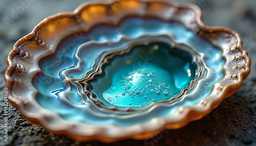 Colorful ceramic decorative plate with layered turquoise design  