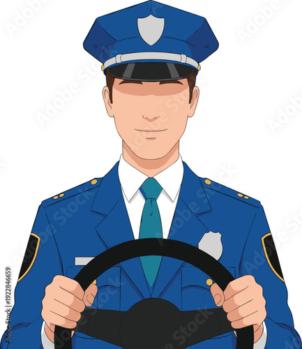 Police Officer in Blue Uniform Driving Patrol Car Vector Illustration for Law Enforcement Concepts, Public Safety Posters, Security Services, and Professional Career Graphics