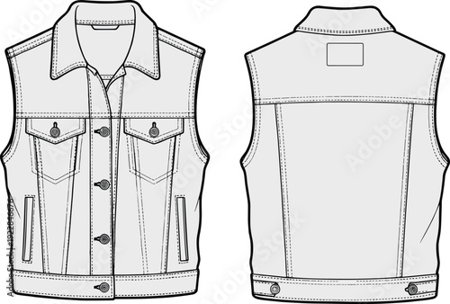 Denim vest technical drawing vector illustration, front and back views, detailed fashion flat sketch template, sleeveless jacket apparel outline design