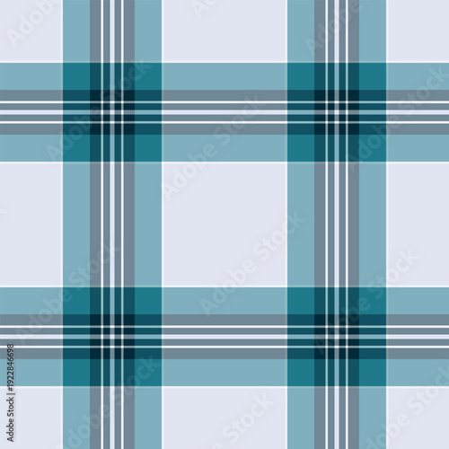 Intricate check pattern seamless, mid texture fabric textile. Cowboy tartan background vector plaid in white and cyan colors.