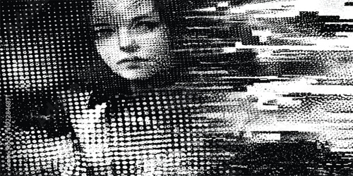 Abstract black and white grunge background featuring a vintage vector sketch of a woman's face silhouette with a halftone dot pattern and world map texture