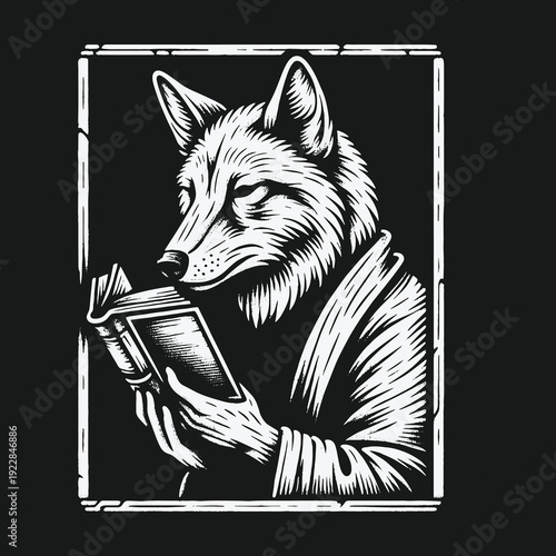 Fox in Robe Reading a Book in Black and White.