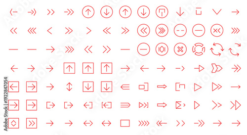 thin line arrow icon set. navigation upload download refresh media control vector pack