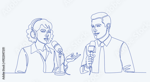 podcast interview line art vector. man and woman recording radio show conversation with microphones