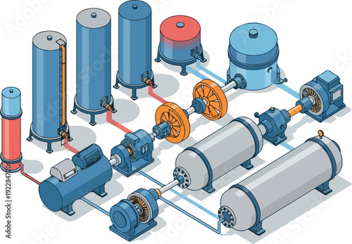 Industrial machinery components diagram showcasing pipes, pumps, and cylinders in a complex system from a technical viewpoint
