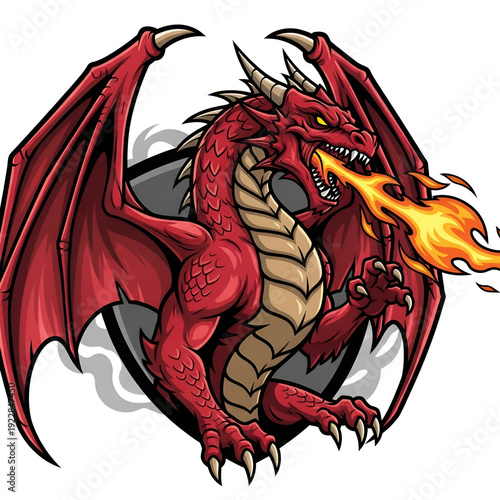 Aggressive Red Dragon Mascot Breathing Fire Vector Illustration