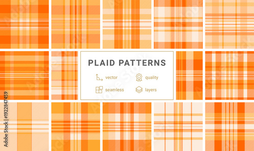 Vibrant orange and yellow plaid pattern radiating warmth and energy. This modern tartan design is perfect for seasonal textiles, autumn marketing, and stylish backgrounds for any project.