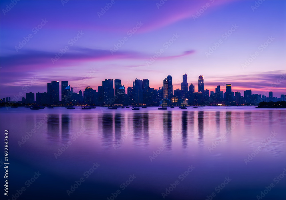 Fototapeta premium City skyline reflected in calm water at dusk with vibrant purple hues.