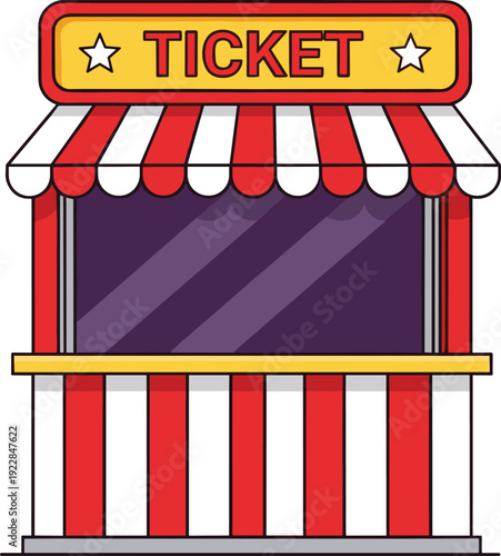 Red and White Striped Ticket Booth Vector Illustration for Carnival Events, Cinema Entrances, Circus Festivals, Amusement Park Signage, and Entertainment Industry Graphic Designs