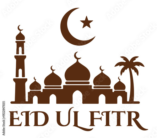Eid ul fitr mosque silhouette with crescent moon and palm tree on white background, eid, mosque, crescent, palm, silhouette