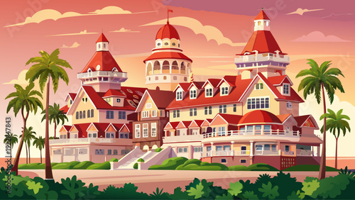 Very beautiful Hotel del Coronado enchants visitors with Victorian architecture, golden beachfront sunsets, and iconic coastal elegance in Coronado, California, USA.
