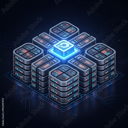 Futuristic Data Center Server Network with Glowing Core