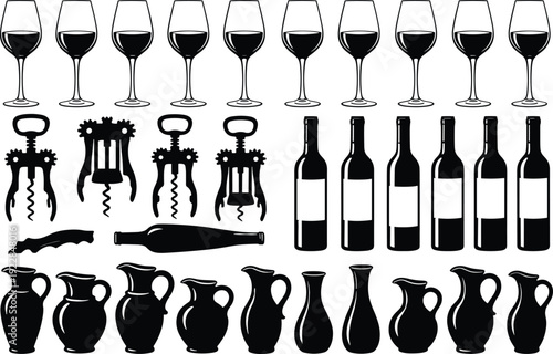 Wine glasses, corkscrews and bottles vector set, black silhouette collection, bar tools and drinkware illustration, isolated beverage icons bundle