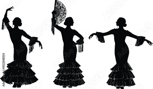 Flamenco dancer silhouette vector set, Spanish traditional dance poses collection, woman with fan illustration, black cultural performance design elements