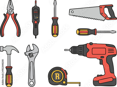 Construction Hand Tools Set Vector Illustration – Hammer, Drill, Screwdriver, Pliers, Wrench and Saw Equipment Collection