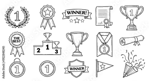 Winner Trophy and Award Line Art Icons Achievement Set