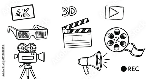 Movie and Film Doodle Icons Set 3D 4K Camera Reel Recording