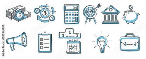 Business Finance Success Doodle Icons Set Money Target Calendar