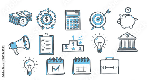 Business Finance Doodle Icons Set Money Idea Calendar Briefcase