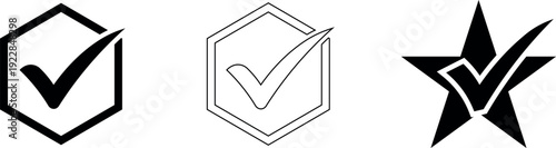 Checkmark black and outline icon set for quality assurance and verification inside hexagon and star vector art on transparent background