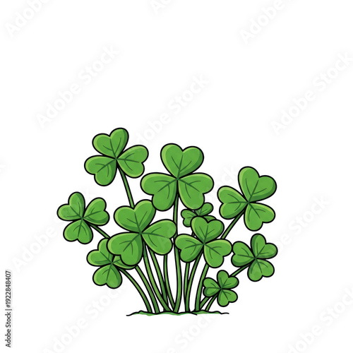 stylized cartoon illustration of a vibrant clump of fresh, three-leaf clovers, saturated green color, flat graphic design on transparent background, ample negative space, conveying a concept of luck