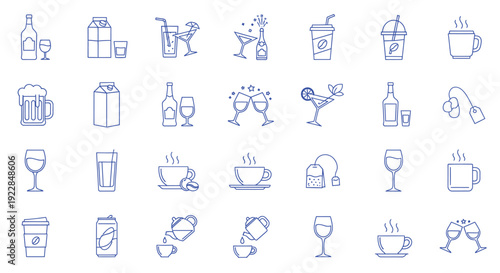 drink beverage line icon set. coffee tea wine beer cocktail outline vector collection
