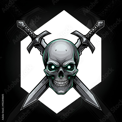 Powerful Skull with Glowing Eyes and Crossed Swords Esport Emblem