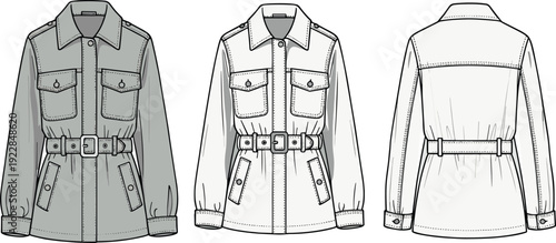 Women belted safari jacket vector illustration, front and back views line art, utility fashion outerwear technical drawing, detailed apparel template