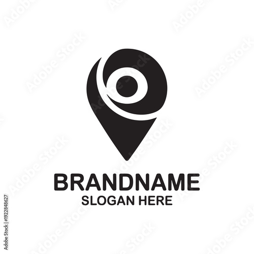 Abstract black location pin icon with a swirling circular design inside symbolizing navigation and pinpoint accuracy set against a clean white background perfect for digital mapping services