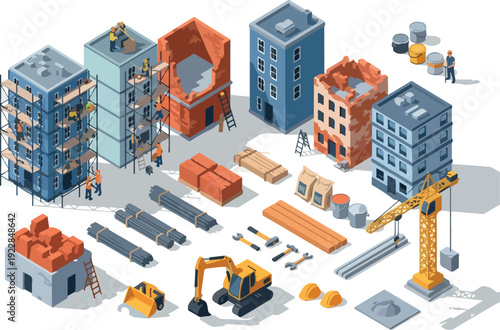 Construction site with buildings, crane, excavator, and workers in action from an aerial viewpoint