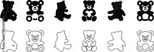 Teddy Bear Icon Set Collection Group Cute Plush Toy Animal Symbols in Flat and Line Style Vector Silhouette Outline Bundle Pack Isolated on transparent Background