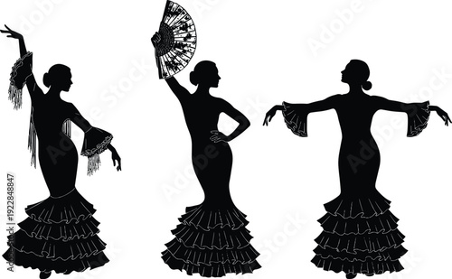 Flamenco dancer silhouettes vector illustration, Spanish traditional dance women with fan, elegant ruffled dress performance poses, black flat design isolated collection