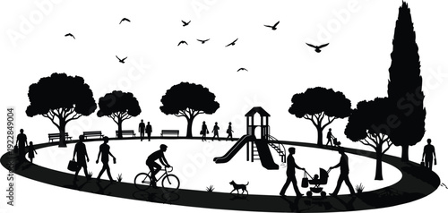 Black and white of people walking and playing in a park with trees and a playground