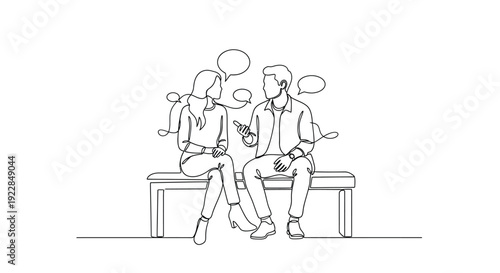 continuous line couple talking on bench. minimalist smartphone conversation vector illustration