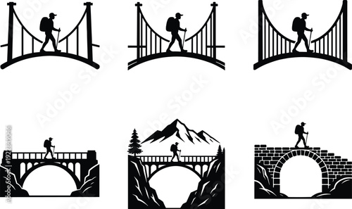 Hiker crossing bridge silhouette vector set, mountain adventure traveler walking on suspension and stone bridges isolated black icons collection