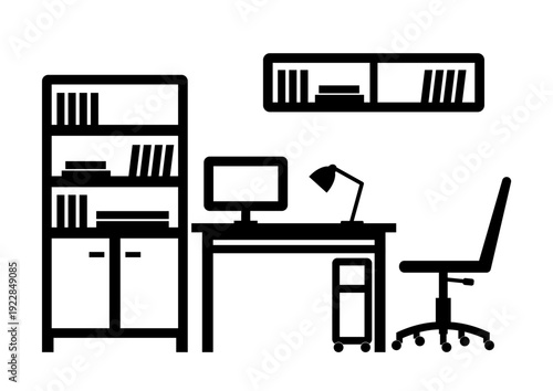 Office furniture, cabinets, shelves, desk, swivel office chair, computer, shelving unit, container under the desk, vector, black symbol