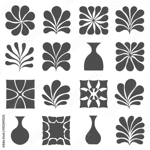 Collection of abstract floral and vase patterns in black and white