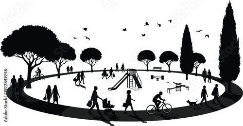 Black and white of people walking and playing in a park