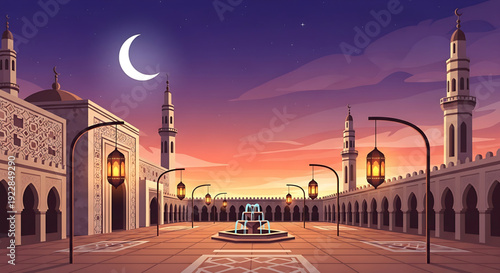 Serene twilight scene of a grand mosque courtyard, bathed in the soft glow of lanterns under a crescent moon, reflecting tranquil beauty and spiritual calm