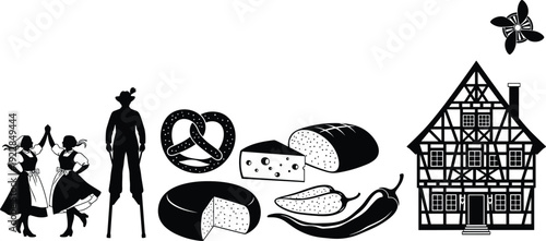 Black and white of traditional german food and people