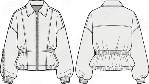 Women bomber jacket vector illustration, front and back view line art, casual zip up outerwear technical drawing, fashion apparel template