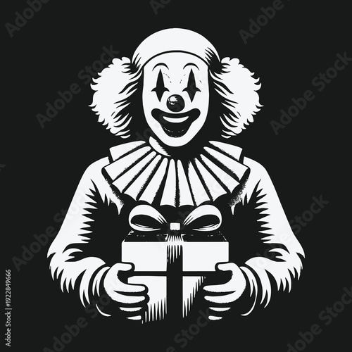 Creepy Clown Bearing a Gift: A Darkly Humorous Illustration.