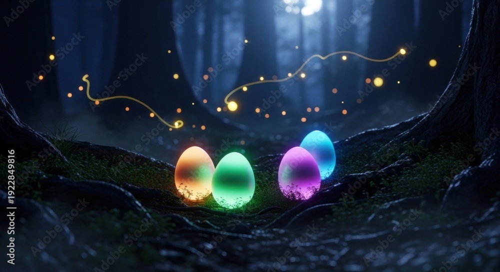 Fototapeta premium Four mystical glowing Easter eggs rest on the dark forest floor illuminated by.