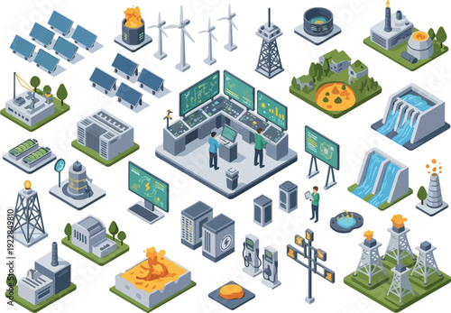 Sustainable Energy Infrastructure and Facilities Illustration Featuring Various Renewable Sources and Industrial Buildings