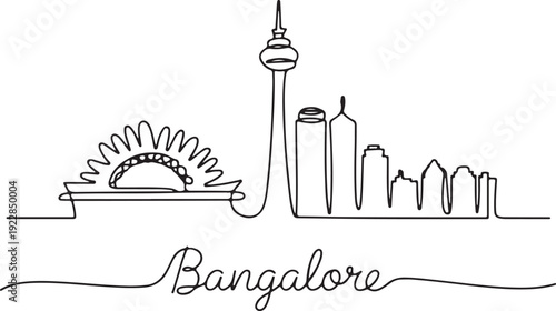 Continuous line drawing of Bangalore cityscape with prominent buildings and skyline viewed from a distance in a simple illustration style