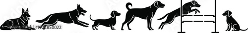Black silhouettes of dogs in various poses and breeds white background