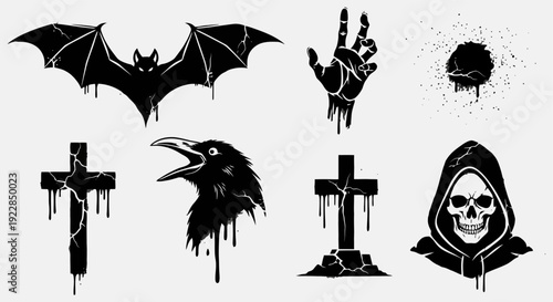 Collection of Spooky Halloween Icons with Dripping Effect.
