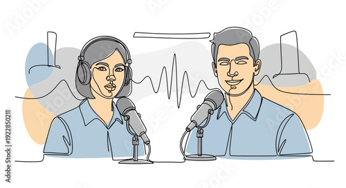 podcast hosts recording in studio. modern radio talk show vector illustration with microphones and sound wave