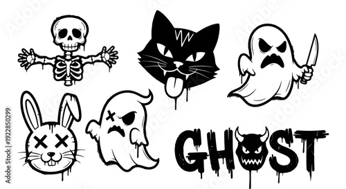 Halloween Themed Spooky Characters and Symbols Collection.